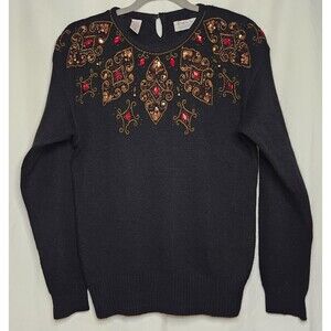Karen Scott Silk Angora Lambswool Vtg Black Embellished Round Neck Sweater - S